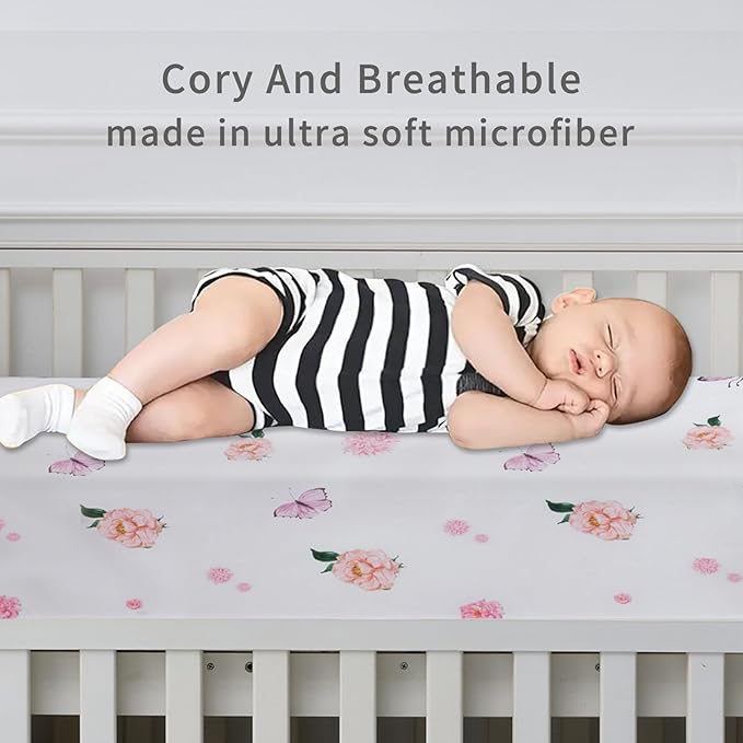 Crib Sheet for Boys and Girls, Super Soft Microfibre Crib Sheet Set, Breathable Cot Sheet, for Cot and Toddler Mattress, 130x70x20cm, Butterfly and Flower and Pink and Purple,4pcs