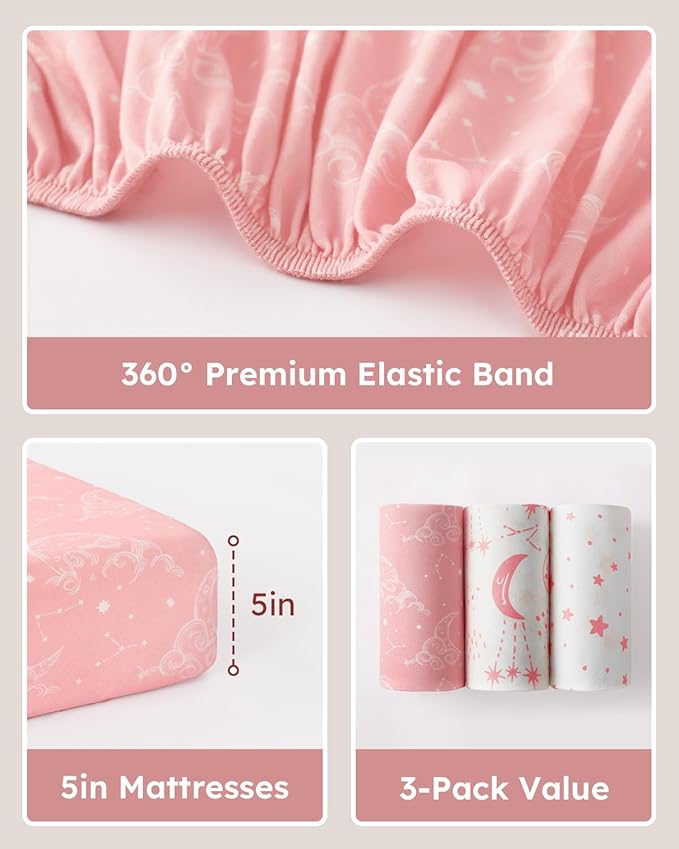 Pack and Play Sheets Fitted 3 Pack, Mini Crib Sheets for Pack N Play Mattress Stretchy Portable Playard Sheets, Soft Breathable Pink White Moon
