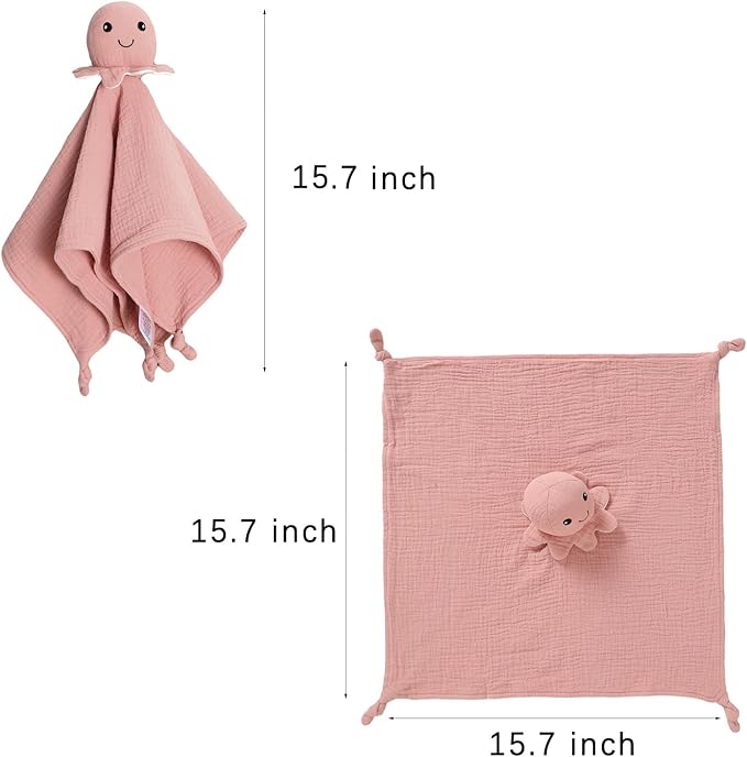 Organic Cotton Muslin Loveys for Babies,Security Blankets for Baby Lovey,Unisex Baby Essentials Neutral,Baby Registry Search,Newborn Baby Gifts for Boys and Girls (Octopus Pink)