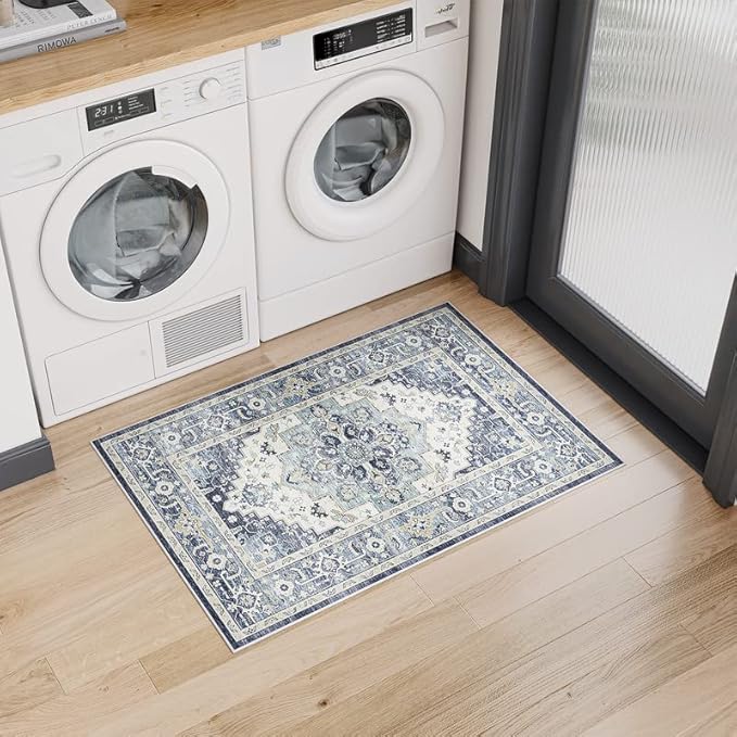 Dripex Vintage Collection Washable Area Rug - 2x3 Door Mat Small Entryway Rug Distressed Non-Slip Low-Pile Floor Carpet for Indoor Front Entrance Kitchen Bathroom Living Room Bedroom