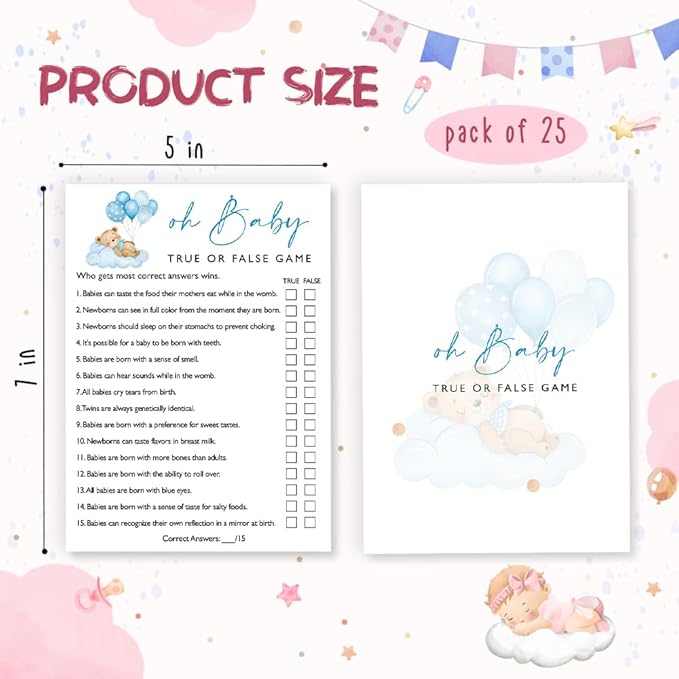 Oh Baby True or False Baby Shower Games, 25 Double-Sided Blue Bear Games for Boys with Answer Card, Interactive Party Supplies - B08
