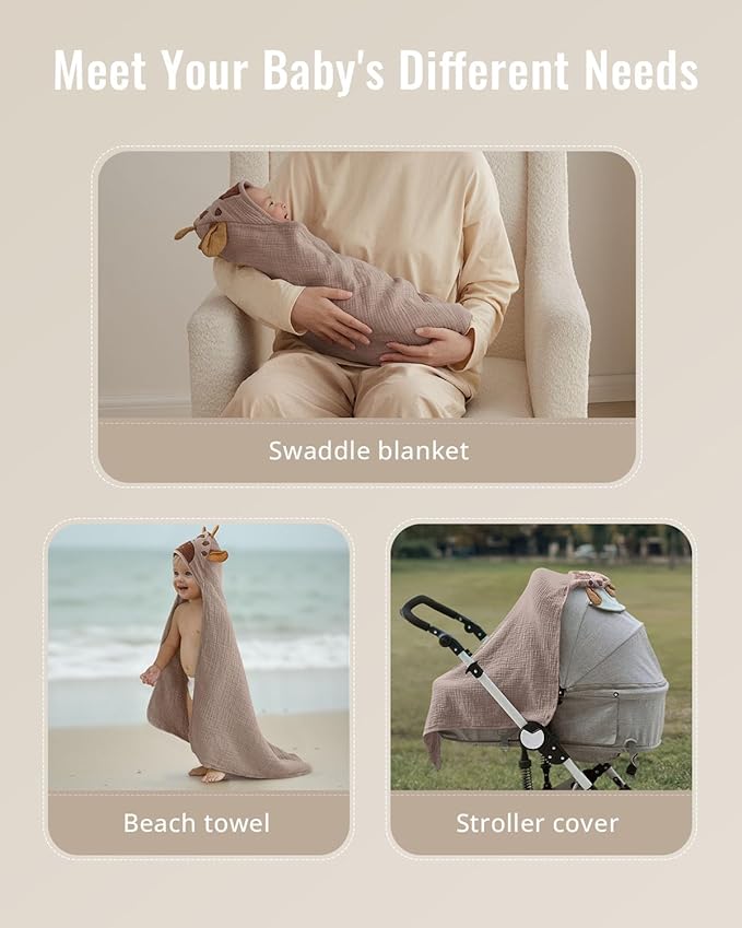 Blissful Diary Muslin Baby Hooded Towel, Soft and Absorbent Bath Towel for Newborn, Infant, Toddler, Unisex, 32″x32″ - Gentle Giraffe