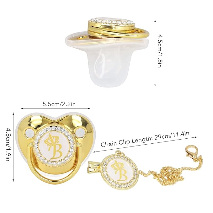 Personalized Golden Letter Baby Pacifier with Bling Design, Clips, Anti-Dust Cover for Newborn Photography, Baby Shower