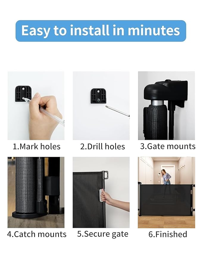 Retractable Baby Gate for Doorways and Stairs, Mesh Safety Gate for Pet, Indoor & Outdoor Use, One-Hand Operation, Easy Installation, 33.6" Tall, Expands to 55" Wide(Black,33.6"x55")