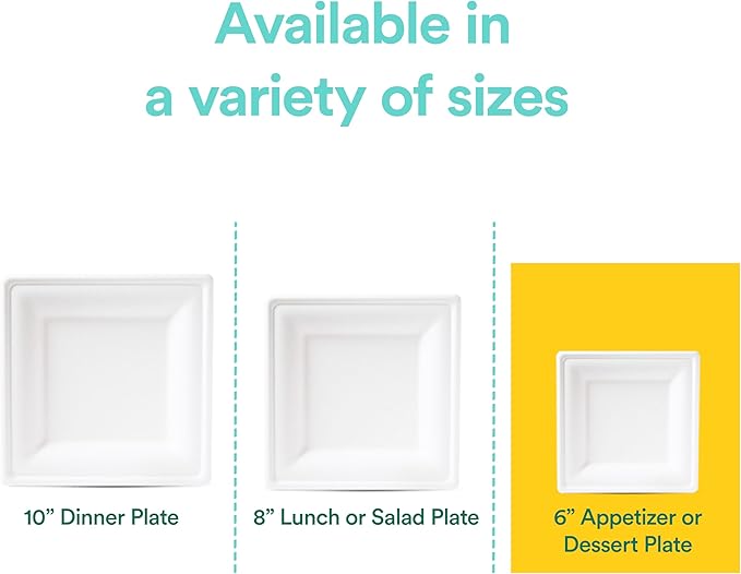 ECO SOUL Pearl White Square Paper Plates (PFAS free) | 100% Compostable Disposable Bagasse I Heavy-Duty Eco-Friendly Dinner Plates I Biodegradable Sugarcane Eco Plates (1, 6 Inch)
