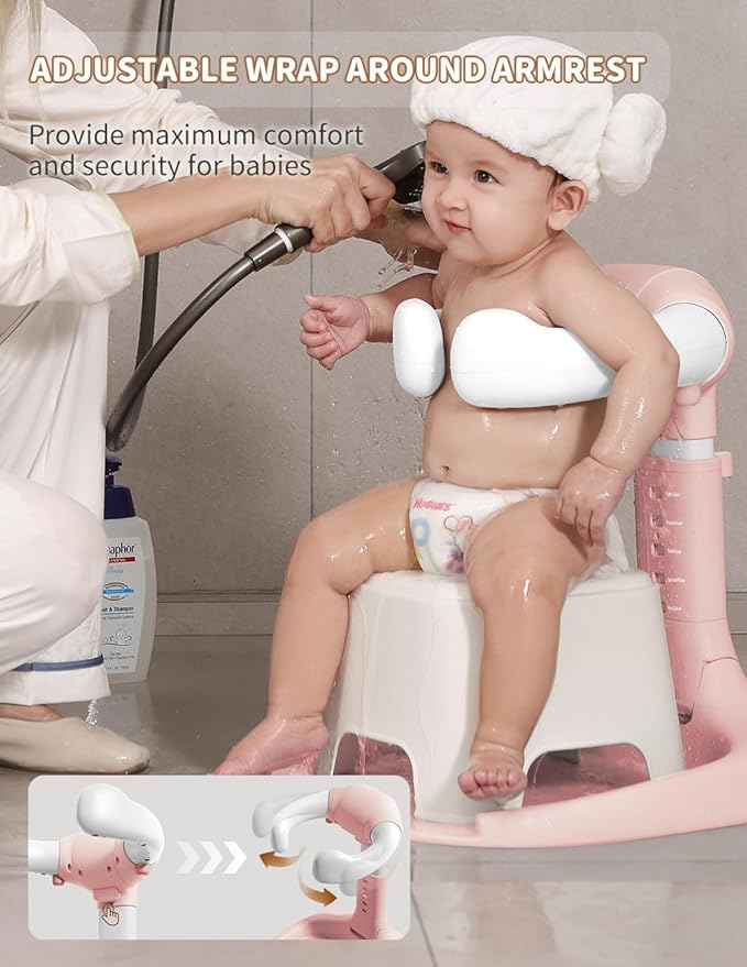 Baby Shower Stand, Baby Bath Support, Shower Standing Support with Adjustable Height and Armrest, Bath Stand with Anti-Skip and Shower Head Holder, Bath Essentials for Infants