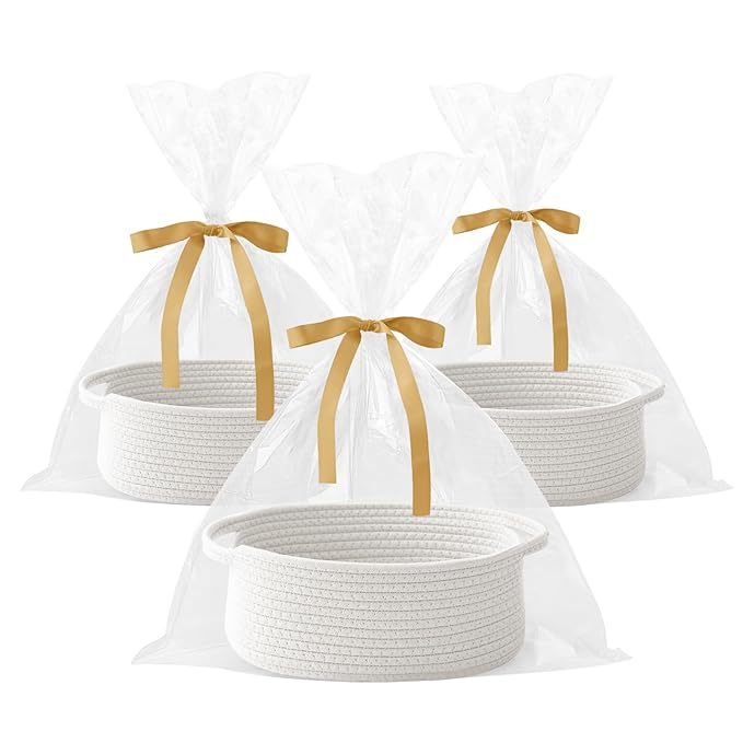 3 Pack Gift Basket with Gift Bag and Ribbons,Small Rope Woven Shelf Storage,Baskets for Gifts Empty,Birthday,Shower,Decorative Organizer Box for Cat Dog Pet with Handles(White)