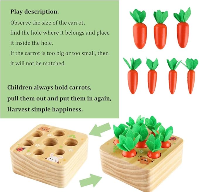 Wooden Toddlers Carrots Toys Shape Size Sorting Matching Puzzles Gripping Action Carrot Harvest Game for Fine Motor Skill