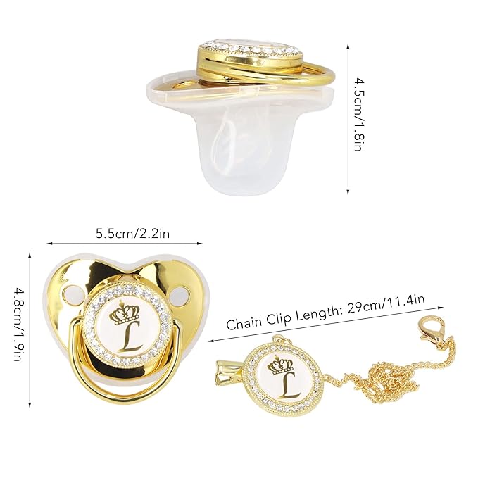 Luxury Golden Letter Baby Pacifier Set with Personalized Bling Design, Clips, Anti-Dust Cover for Newborn Photography, Size L