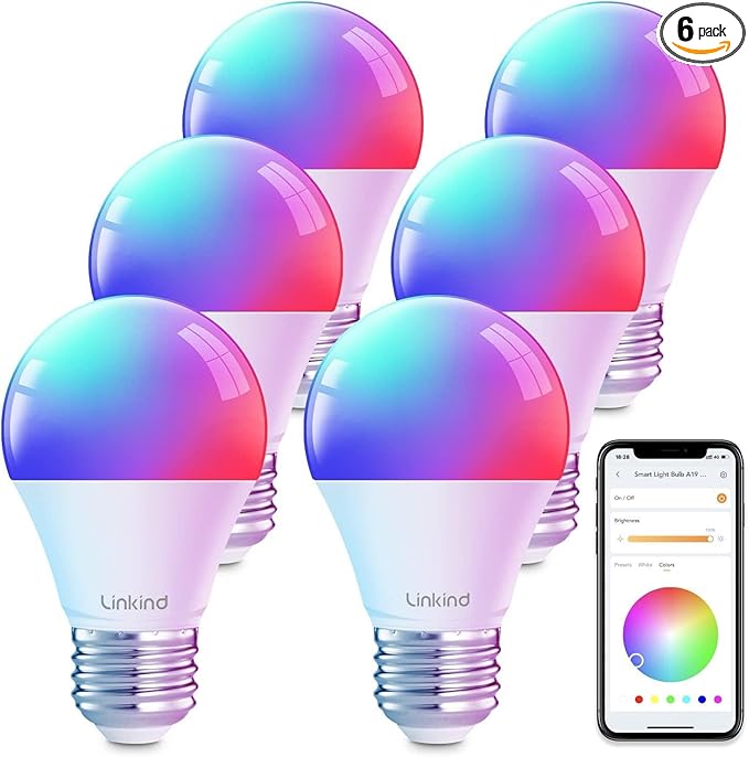 Linkind Color Changing Smart WiFi Light Bulbs, Work with Alexa & Google Home, A19 E26 Dimmable RGBTW Bulbs, No Hub Needed, 800 Lumen, 2.4Ghz WiFi, 6 Pack