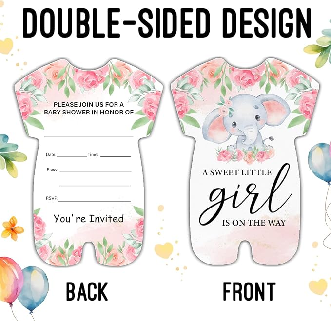 LyoGao Elephant Baby Shower Invitations for Girl - Floral Elephant Theme Baby Shower Party Fill in Invites Cards With Envelopes (20 Pack)