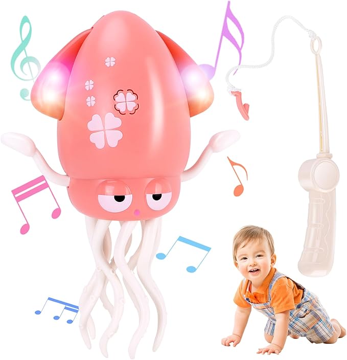 Dancing Octopus Baby Toy, Tummy Time Toys, with Music and Led Light, Automatically Avoids Obstacles, Crawling Toy Suitable for Birthday Gifts for Toddlers Over One Month Old(Pink)