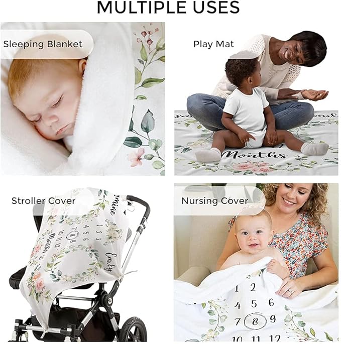 MDPrints Personalized Twin Milestone Blanket, Custom Monthly Baby Blankets with Name for Boys and Girls, 30x40 & 50x60inch Soft Plush Fleece (White)