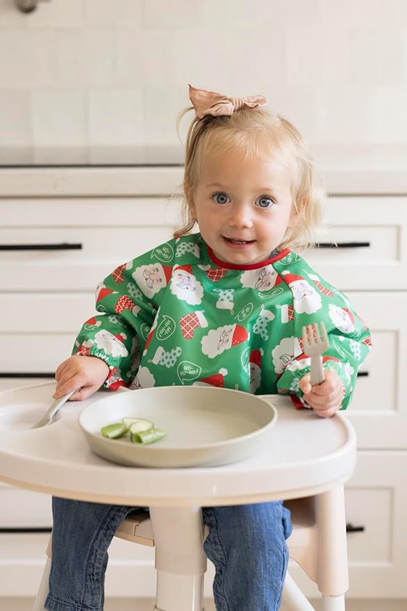 Tiny Twinkle Mess Proof Baby Bib,Waterproof Smock Baby Bib for Eating,Machine Washable Long Sleeve Bib,Baby Led Weaning,Toddler Bib (Santa, Small 6-24 Months)