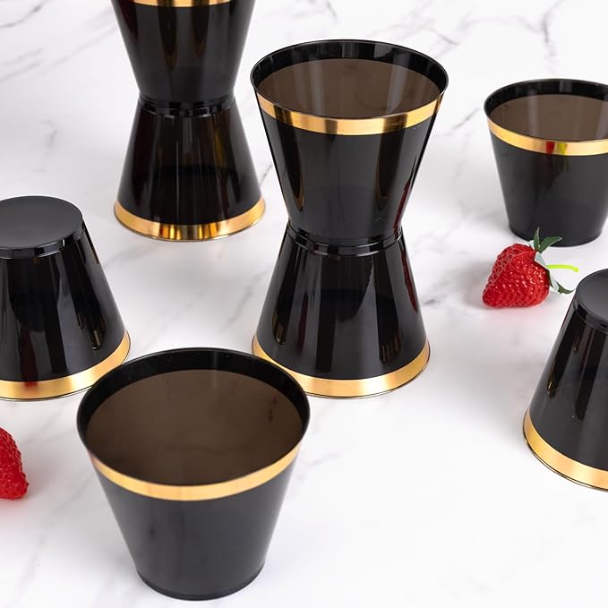supernal 100 Pcs 9 oz Gold and Black Plastic Cups,Gold Rimmed Disposable Cups,Disposable Party Cup party,Plastic Cocktail Cups for Weddings, Birthdays & Festive Celebrations