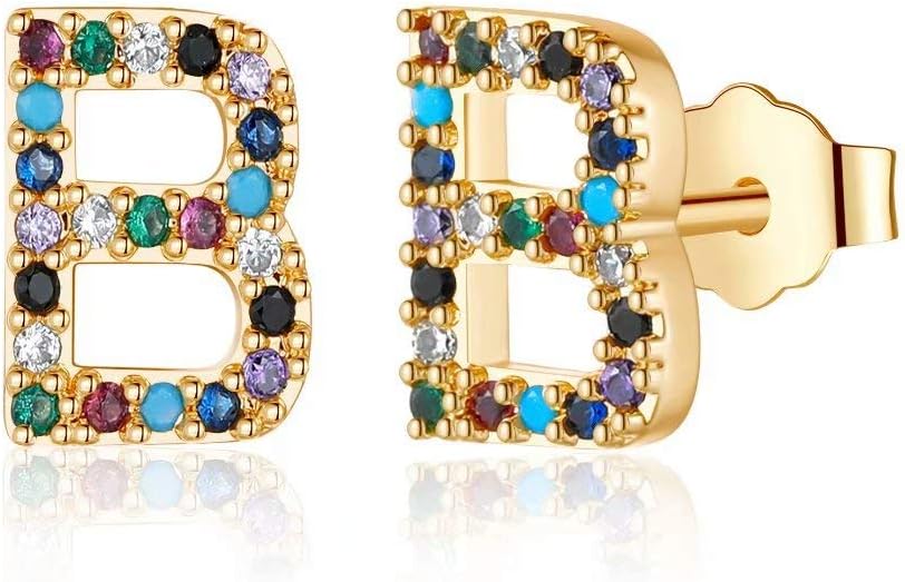 Memorjew Initial Stud Earrings for Women, Hypoallergenic 925 Sterling Silver Post Rainbow Cubic Zirconia Gold Plated 26 Initial Earrings for Women Jewelry Gifts