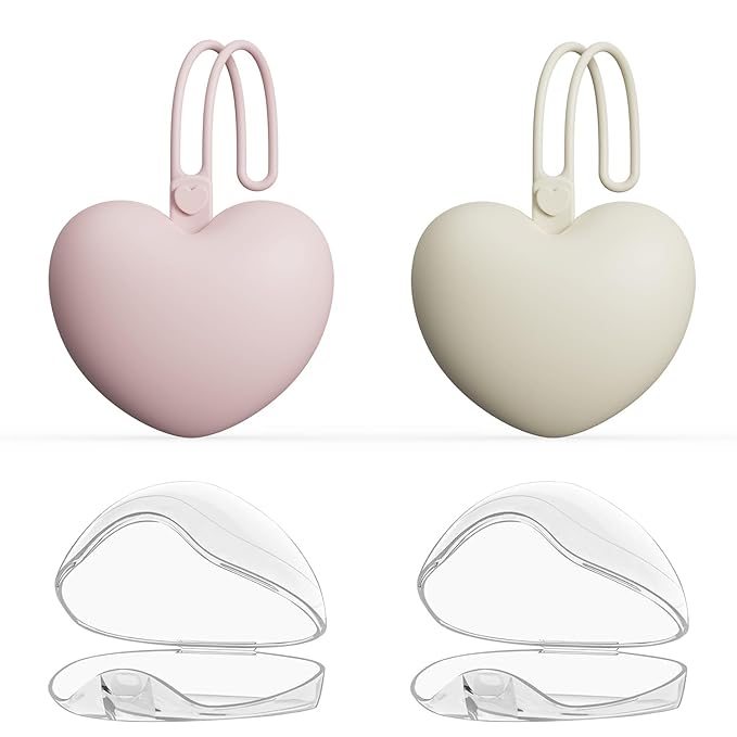 4pcs Pacifier Holder Case Set, 2pcs Silicone Portable Pacifier Pouch and 2pcs Transparent Pacifier Storage Container, Cute Heart Shape Pacifier Storage Case for Newborn Baby(Pink+Khaki)
