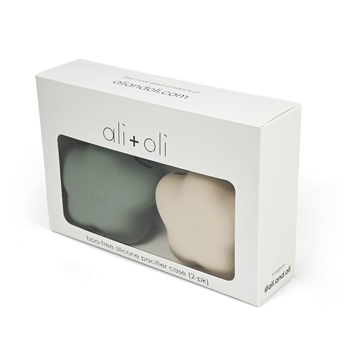 Ali+Oli BPA-Free Silicone Pacifier Holder Case (2-pk) Diaper Bag Accessory Newborn Travel Baby Pacifier Pouch (Sage-Sand)