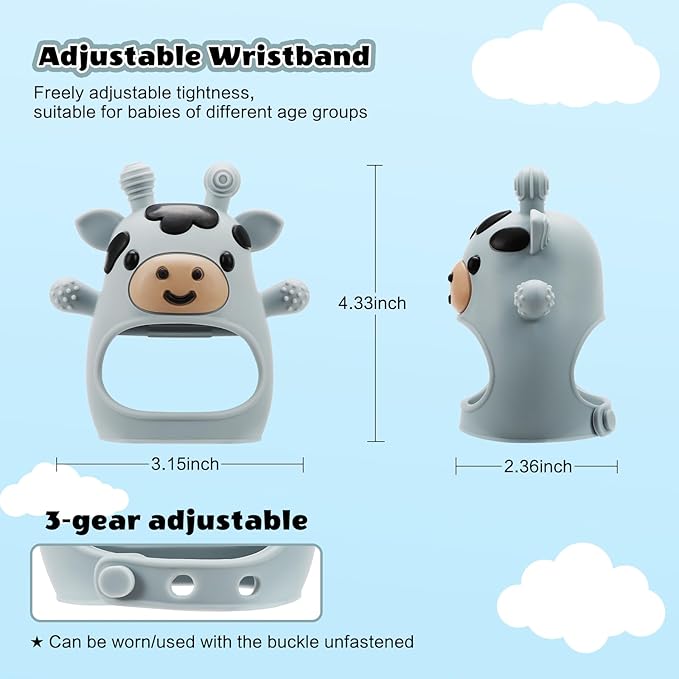 TOHIBEE 2 Packs Baby Teething Toys for 0-6 6-12 Months, Food Grade Silicone Adjustable Cow Teething Mitten, Chew Teether Toys for Teething Pain Relief, Baby and New Born Essentials, Blue & White