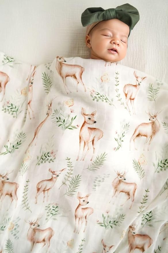 Little Jump Muslin Swaddle Blankets Neutral, Woodland Muslin Baby Blanket Receiving Blanket for Boys & Girls Unisex, Soft Large 47 x 47 inches (Rabbit & Deer)