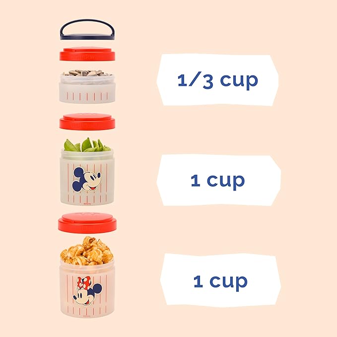 Whiskware Disney Mickey Mouse and Friends Stackable Snack Containers for Babies, Toddlers, and Kids, 3 Stackable Snack Cups for School and Travel, Cupholder Friendly, Mickey and Minnie! Baseball!
