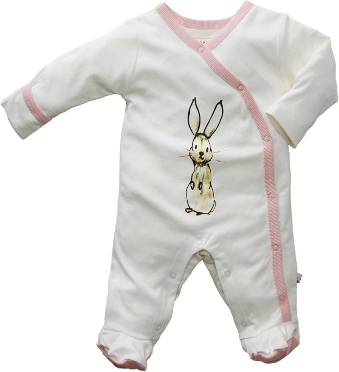 Babysoy Janey Baby Footed Pajamas - Organic Kimono Sleeper (0-3 Months, Rabbit/Peony)