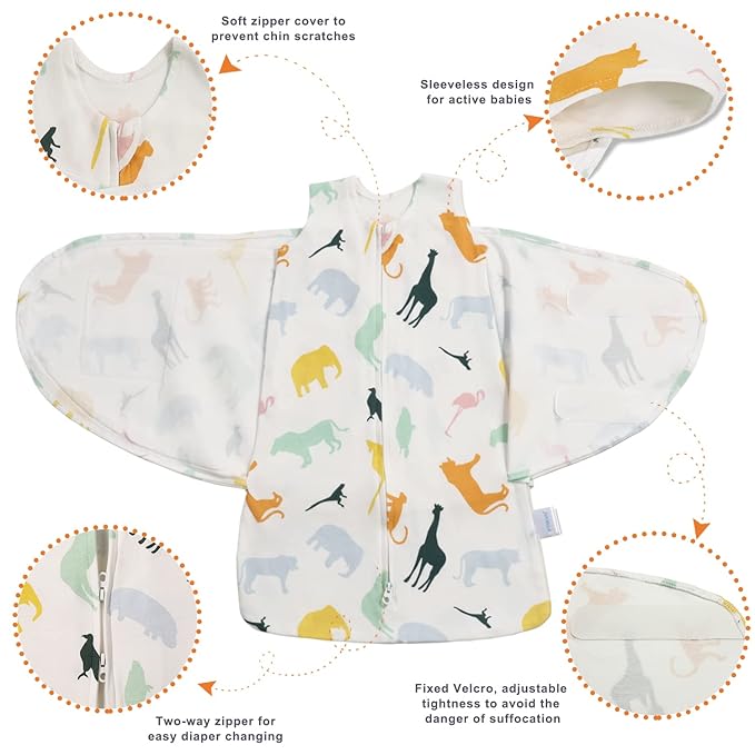 Swaddle-Blanket Baby Girl & Boy Swaddles Newborn Infant Transition 100% Cotton Wrap Blankets, 3-Way Adjustable Wearable Blanket, TOG 1.0 (Colorful Zoo,Small,0-3 Month)