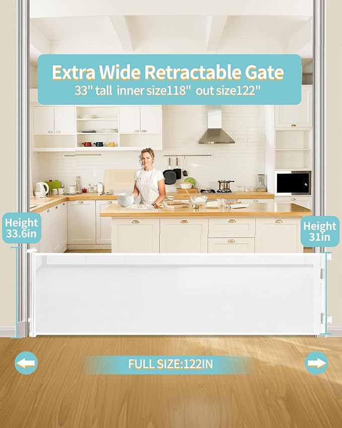 DEAR LOV Retractable Baby Gate, Mesh Baby Gate or Mesh Dog Gate, 33" Tall, Extends up to 118" Wide, Child Safety Gate for Doorways, Stairs, Hallways, Indoor/Outdoor (33"x118",White)
