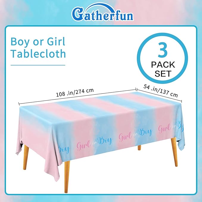 Gatherfun Gender Reveal Party Supplies Disposable Tablecloth Plastic Waterproof Table Cover for Boy or Girl Gender Reveal Party Baby Shower Birthday Decorations, 3 Pack 54X108inch