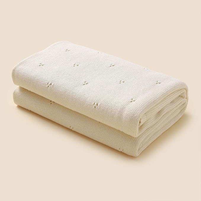 Organic Unisex Pointelle Receiving Swaddle Blanket for Boys & Girls - 100% Luxury Organic Soft Cotton Knit Warm Cuddle Stroller Blanket for Newborns, Infants, & Toddlers (Butter Cream)