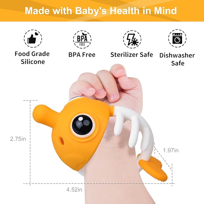 Teething Toys 3-6 Months with Pacifier Clip,Soft Silicone Clownfish Teethers for Babies 6-12 Months,Baby Chew Toys for Teething Relief,Sensory Development,Easy to Grip,BPA-Free(Saffron)