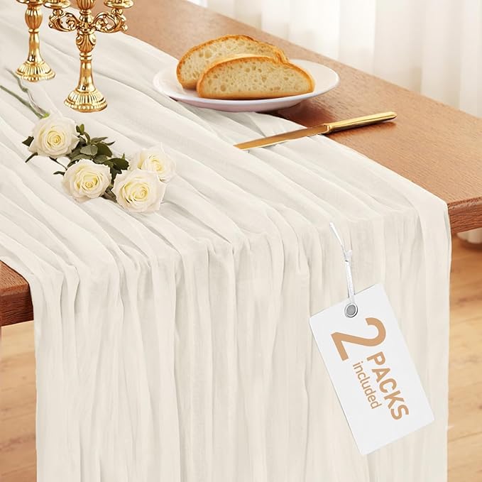 Pureegg 2-Pack Cheese Cloths Table Runner, 120'' Boho Table Cloth Decorations for Party, Baby Shower, Wedding and Farmhouse, Fabric Room Decor, Ivory