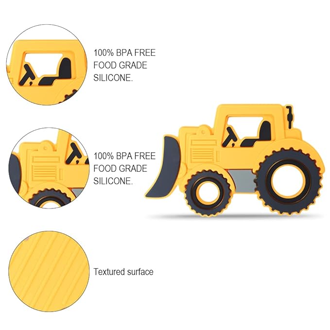 Baby Silicone Teether,Sensory Chew Toys,BPA Free Soft and Effective Infant Teething Pain Relief Toys,Freezer Safe,Food Grade Silicone,Best Shower Gift for Boys and Girls (Yellow Bulldozer)