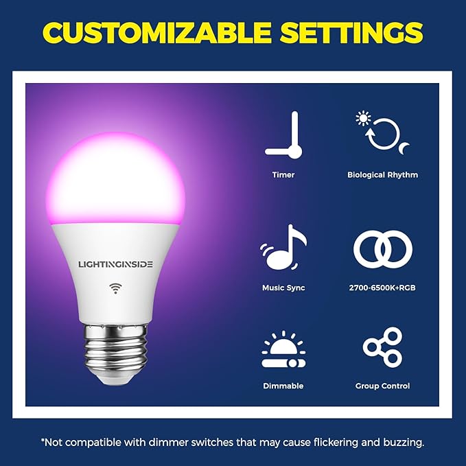 Smart Light Bulbs 60W Equivalent, WiFi Smart Bulb Compatible with Alexa/Google Assistant/Smart Life, A19 E26 RGBCW Color Changing, No Hub Required,2.4G WiFi, ETL Listed, 9W 800LM, 1PC