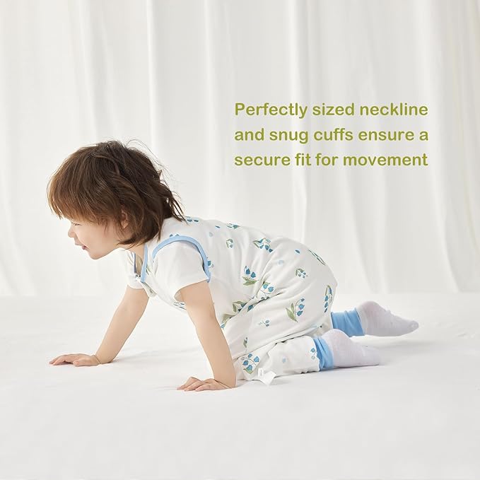 Super Soft 0.5 TOG Sleep Sack with Legs, 100% Organic Cotton Side Open Lightweight Toddler Sleep Sack with Feet, Bluebell, M