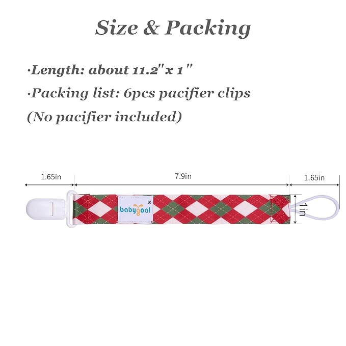 Babygoal Christmas Pacifier Clips, 6 Pack Binky Paci Holder and Leash for Boys and Girls Fits for Most Pacifier, Binkie Styles & Baby Teethers & Toys and Xmas Gift 6PB19