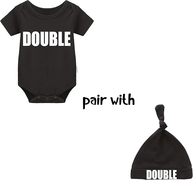 YSCULBUTOL Baby Twins Bodysuits Funny Double Trouble Cute Girl Romper Twin Jumpsuits Hat Set