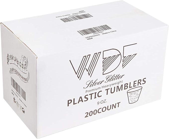 WDF 200pcs 9OZ Silver Cups, Plastic Disposable Premium Wedding Silver Glitter Plastic Cups for Party