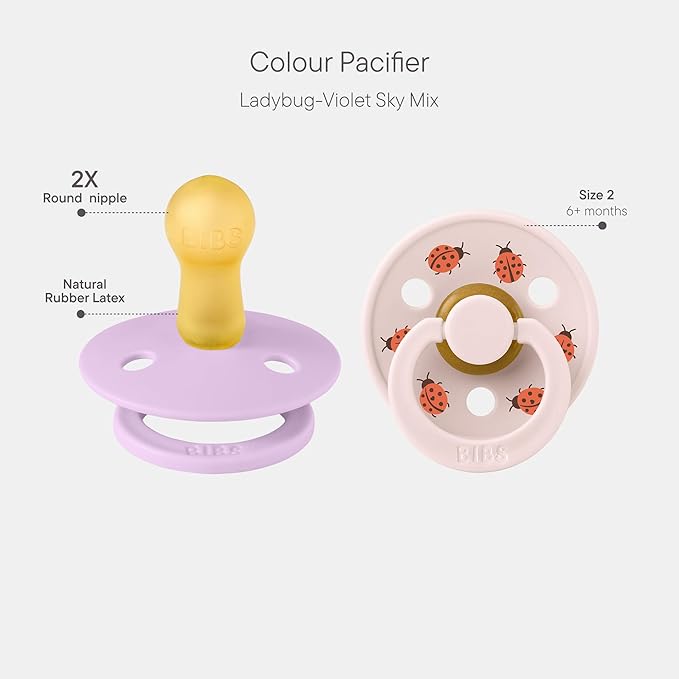 BIBS Colour Studio Soother 2-Pack, BPA Free Dummy Pacifier, Round Nipple. Natural Rubber Latex, Made in Denmark, Size 2 (6-18 Months), Violet Sky/Petal