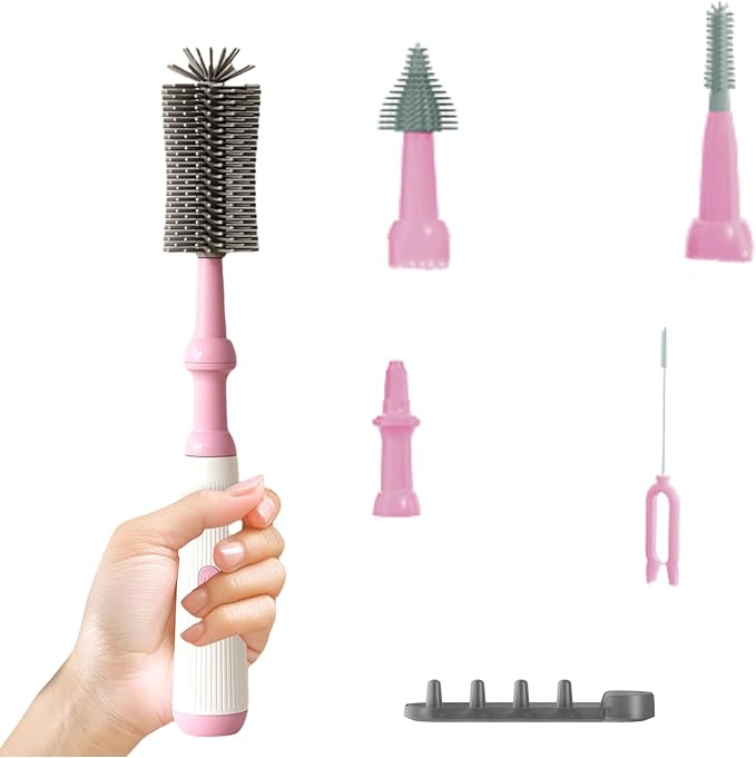 Electric Baby Bottle Brush Cleaner with Extended Handle & Drying Holder, Baby Bottle Brush Set with Silicone Bottle/Nipple/Crevice/Brush,Straw Cleaner,Lifesaver Automatic Bottle Cleaner,Pink