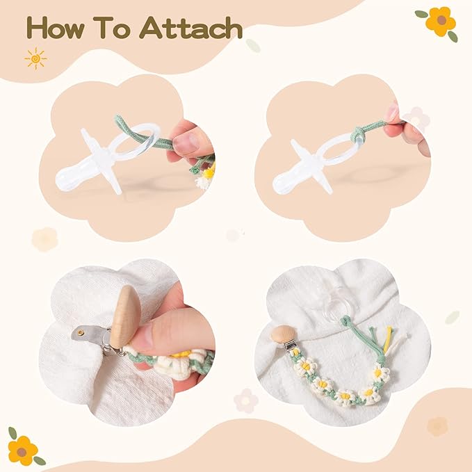 Pacifier Clip for Boys Girls Flower Daisy Macrame Pacifier Holder Leash Boho Wooden Clips Handmade Braided Cotton Paci Clip Baby Shower Birthday Gift