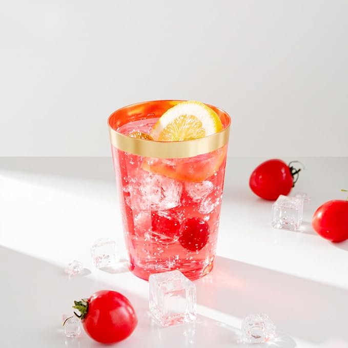 supernal 100 Pcs Red Plastic Cups - 10 Oz Clear Disposable Cups with Gold Trim,Clear Red Plastic Cocktail Glasses Perfect for Weddings,Birthday,Parties & Elegant Events,Disposable Party Cup