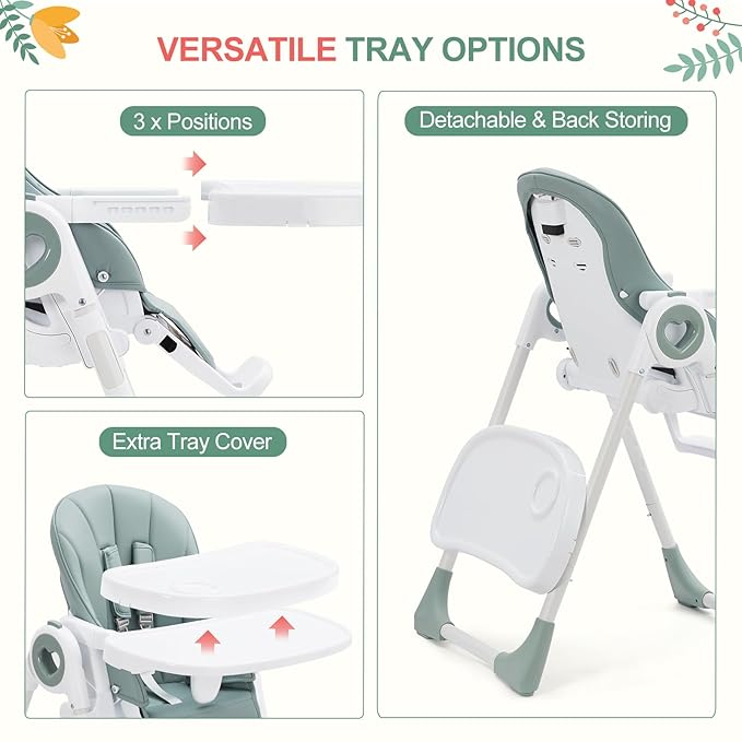 Baby High Chair for Toddlers 1-3 Years Old, Foldable Baby High Chair with Removable Tray, Lightweight Folding Chair with 5-Point Safety Harness, Multiple Recline Positions & Compact Design