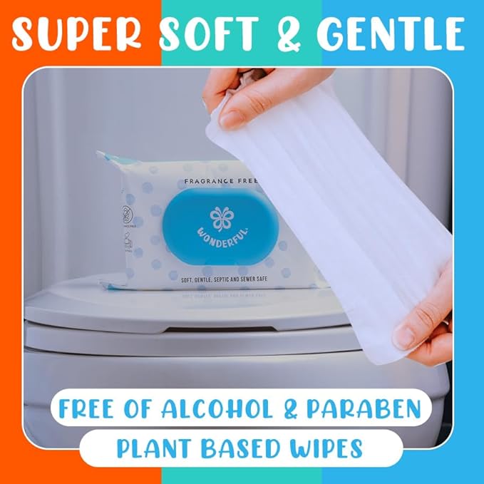 WONDERFUL Flushable Butt Wipes, Variety 100% Plant-Based Wet Wipes for Adults & Kids; Sewer, Septic Safe; Gentle for Sensitive Skin, Wipes Flushable Pack for Bathroom & Travel, 3-Pack (180 Wipes)