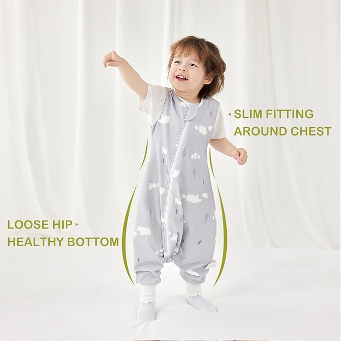 2 Pack Super Soft 0.5 TOG Sleep Sack with Legs, 100% Organic Cotton Side Open Toddler Sleep Sack with Feet, Bear & Bluebell, Size M