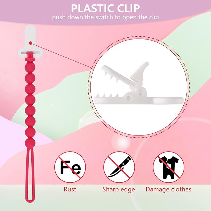 4-Pack Silicone Pacifier Clips with One-Piece Beads for Baby Boys and Girls - Flexible and Rust-Free Holders for Teething Relief and Baby Essentials, Safe for Newborns (Pink)