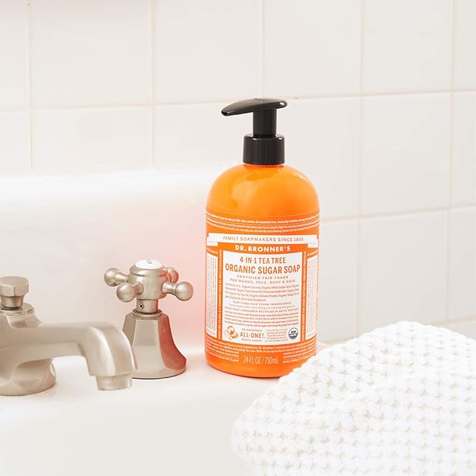 Dr. Bronner's - Organic Sugar Soap (Tea Tree, 24 Ounce) - Made with Organic Oils, Sugar and Shikakai Powder, 4-in-1 Uses: Hands, Body, Face and Hair, Cleanses, Moisturizes and Nourishes, Vegan
