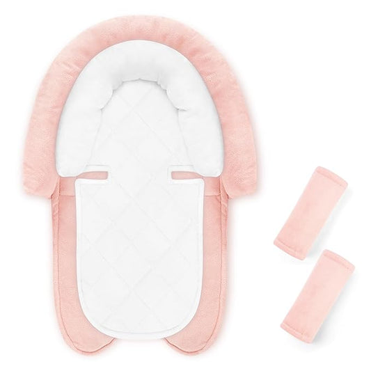 Baby Car Seat Head Body Support & Strap Covers 2 in 1 Infant Car Seat Insert, Reversible Soft Breathable Newborn Cushion Pads for Preemie, Perfect for Carseats, Strollers, Swings (Light Pink & White)