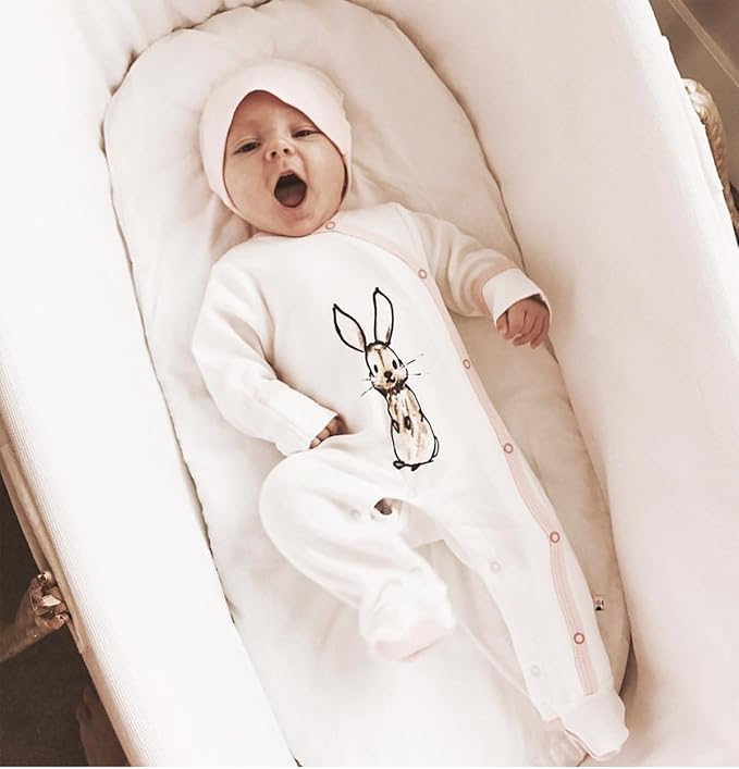 Babysoy Janey Baby Footed Pajamas - Organic Kimono Sleeper (0-3 Months, Rabbit/Peony)
