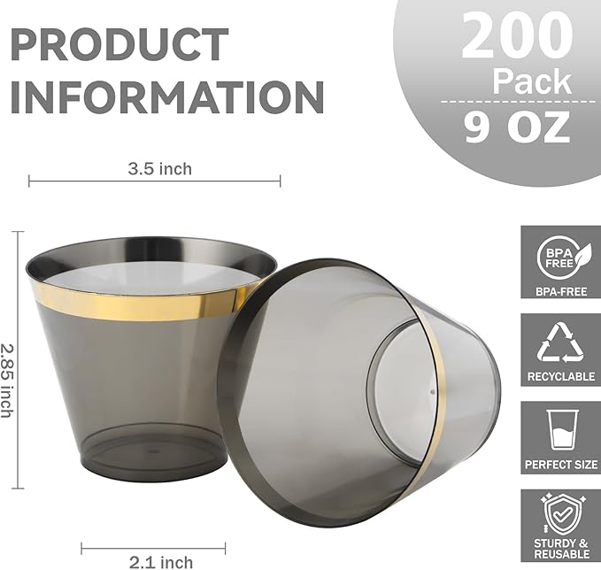 supernal 200 Pcs Gold and Black Plastic Cups,9Oz Gold Rimmed Disposable Cups,Heavy-Duty Plastic Cocktail Glasses for Party,Fancy Party Cups,Perfect for Christmas,Holiday,Birthday Party Events